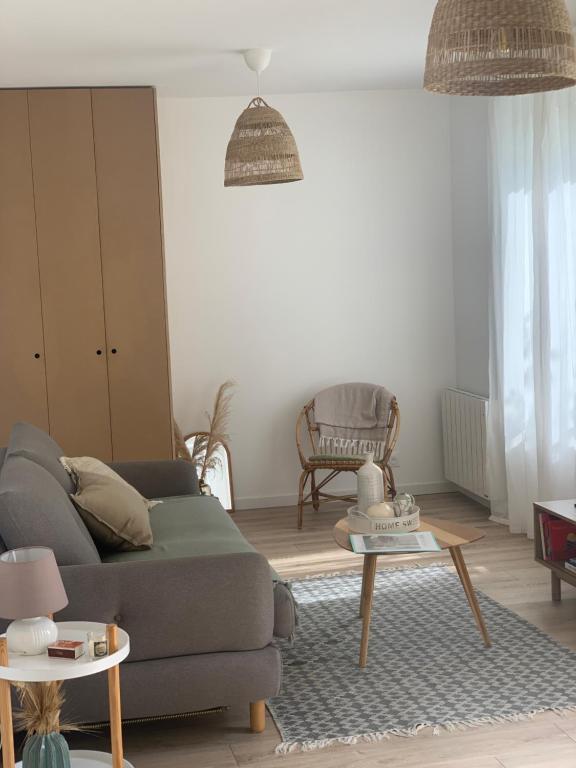 un salon avec un canapé et une chaise dans l'établissement Maison cosy et au calme, à Crosne