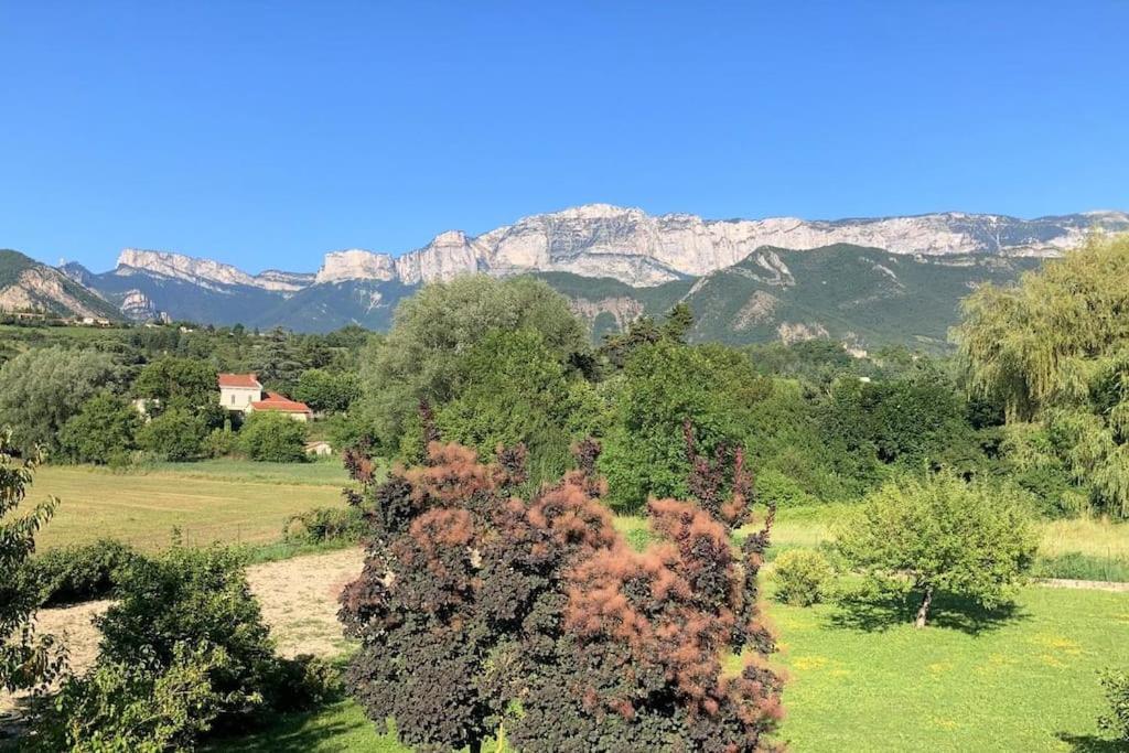 a tree in a field with mountains in the background at Calme et nature proche centre-ville et rivière in Die