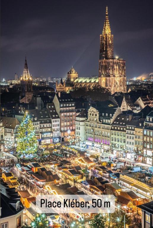 une ville éclairée la nuit avec un arbre de Noël dans l'établissement Hyper Centre Place Kléber Appart, à Strasbourg