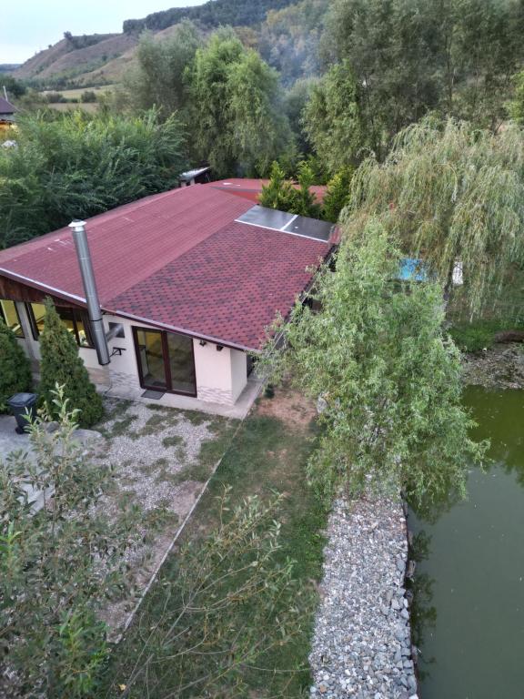 an aerial view of a house with a red roof at Cabana lui Banică in Sîntioana