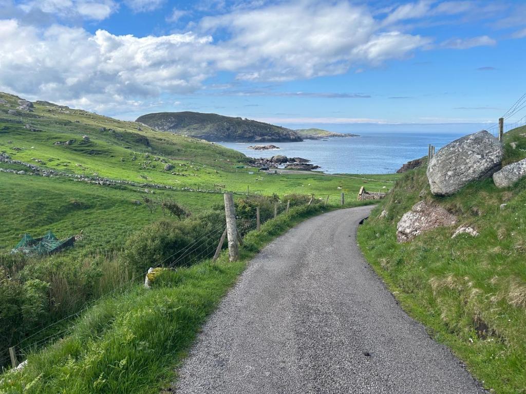 a dirt road on a hill next to the ocean at Oldshorecroft in Sheigra