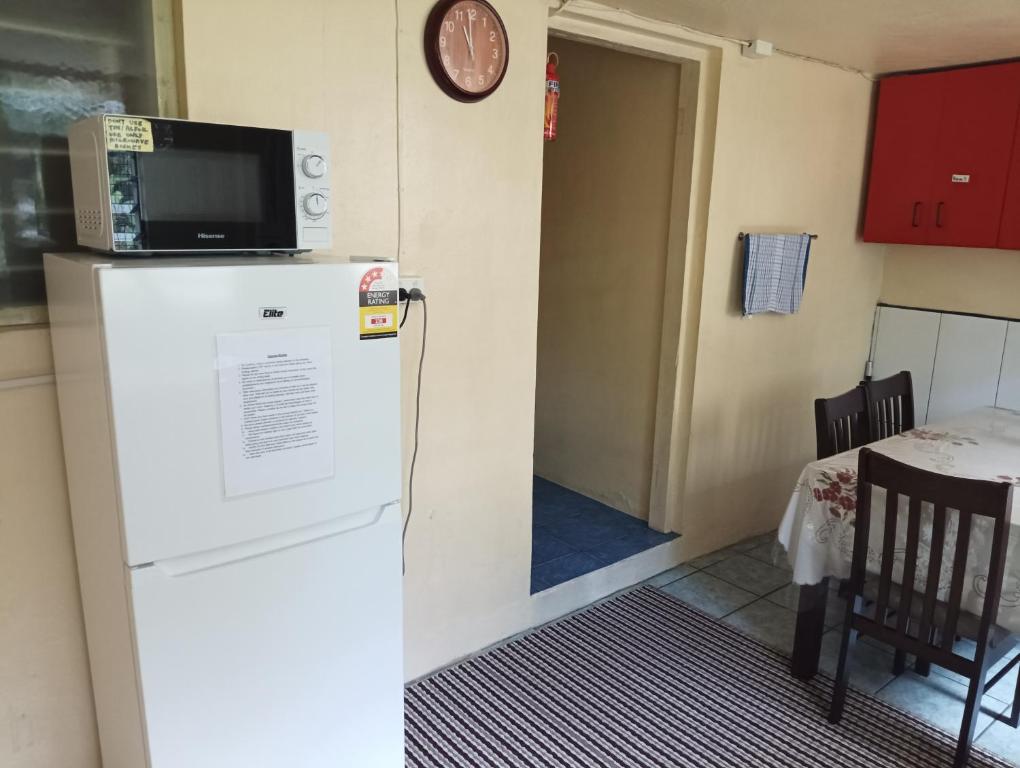 un micro-ondes au-dessus d'un réfrigérateur dans une pièce dans l'établissement Mishra Residence, à Suva