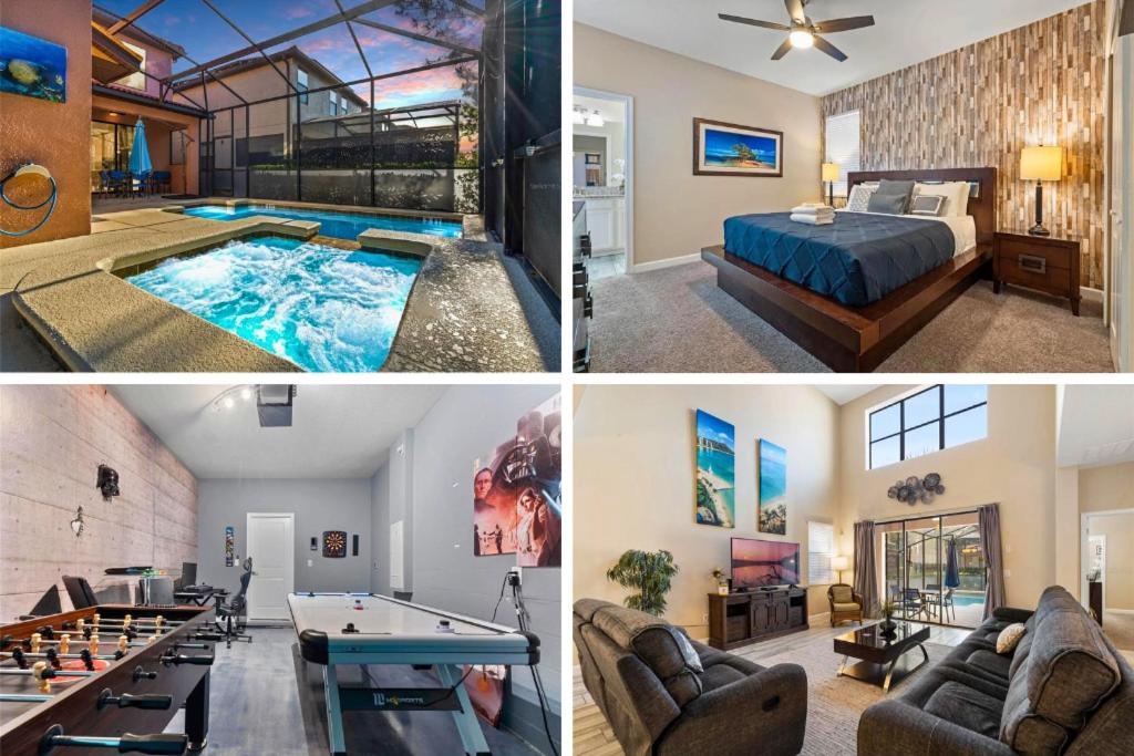 a collage of pictures of a hotel room with a swimming pool at Experience Solterra: Pool, Spa, Game Room & Lazy River in Davenport