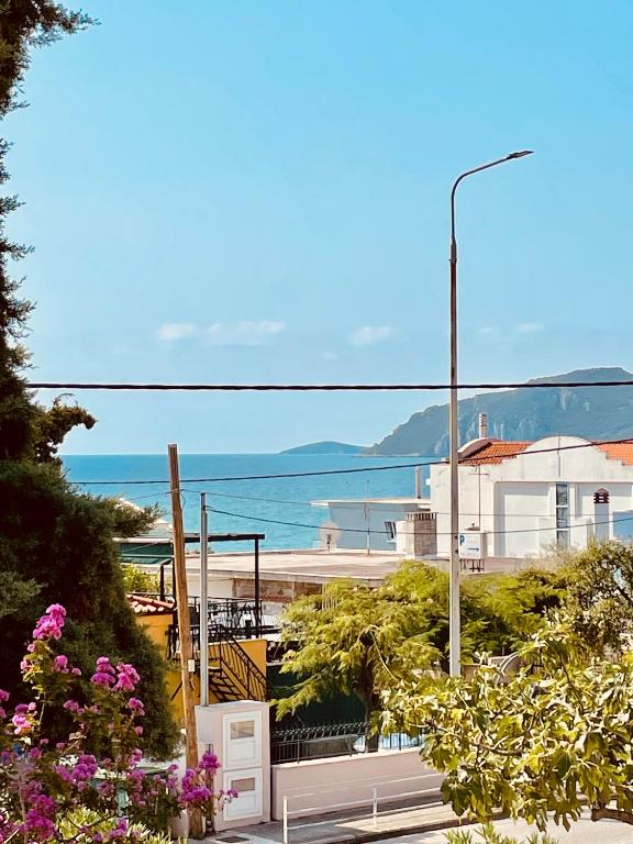 a view of a beach with a street light and flowers at Feel free in Paleo Tsifliki