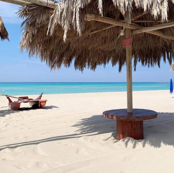 een strooien parasol en een bankje op het strand bij Le Dimore di Donato in Torre San Giovanni Ugento