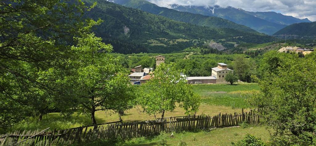 a village in a field with a fence and mountains at Lakhushdi - House of Song in Mestia