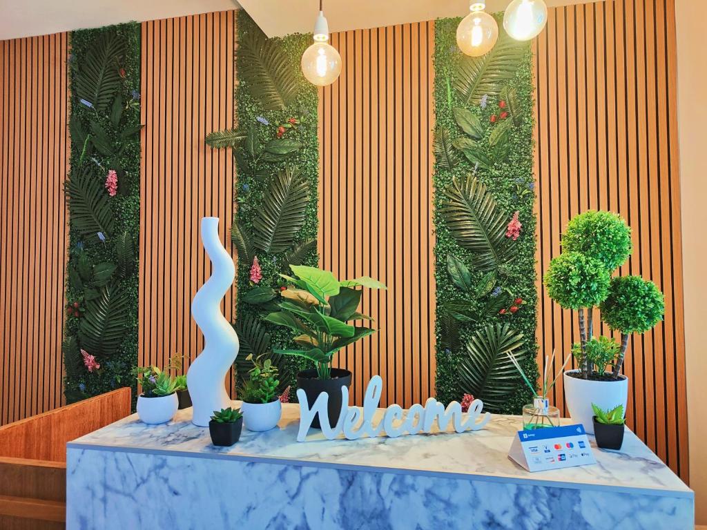 une table avec des plantes dessus devant un mur dans l'établissement Sweet Rooms San Francesco, à Naples