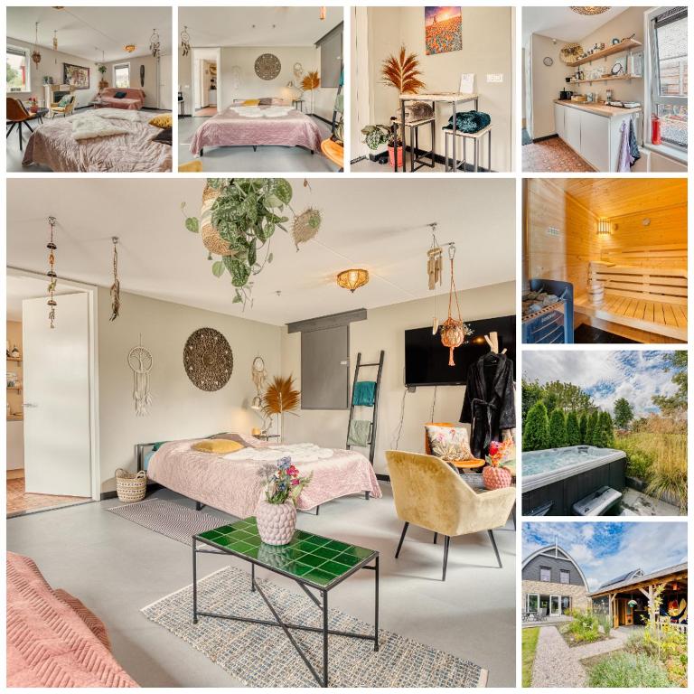 a collage of photos of a bedroom and a living room at Appartement YCW 'Papillon' in Rijnsaterwoude