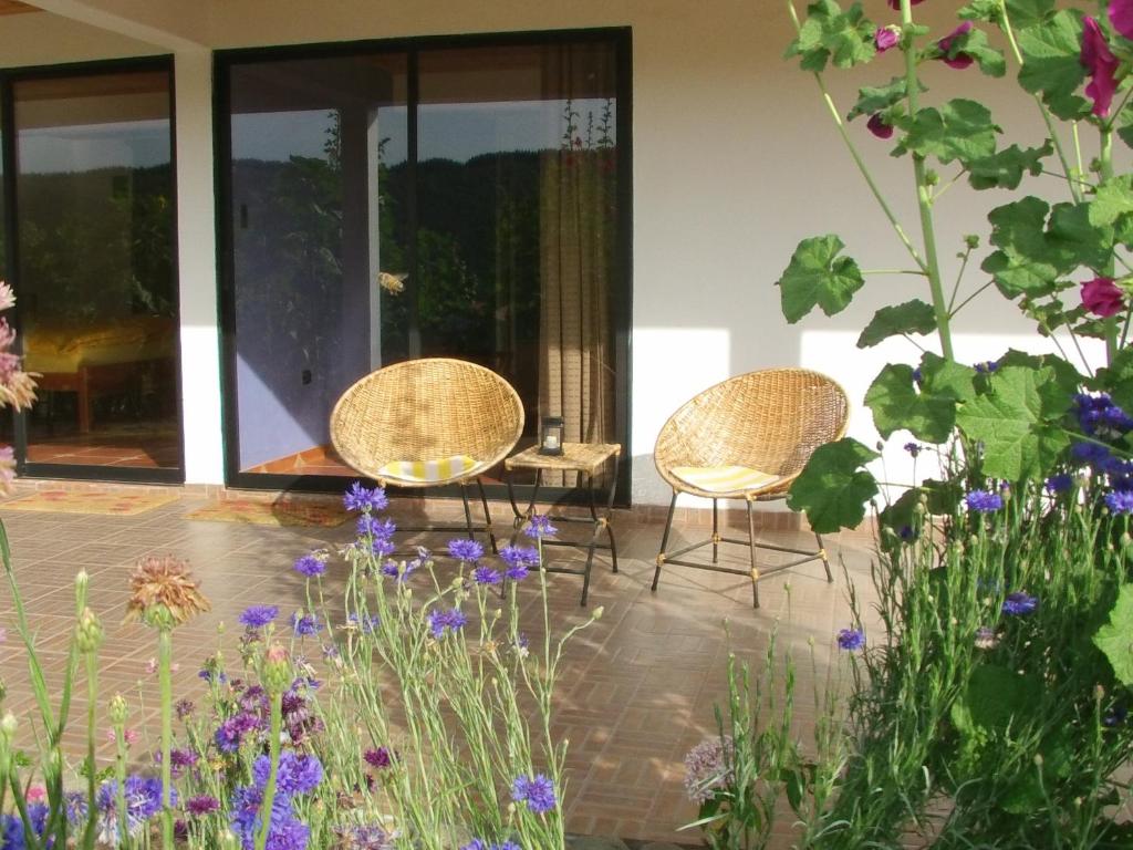two chairs and a table in a room with flowers at La Maravilla Lodge in Vilches