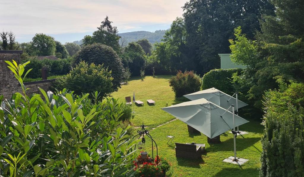 - un jardin avec un grand parasol sur la pelouse dans l'établissement CHEZ PIERRE, à Remoncourt