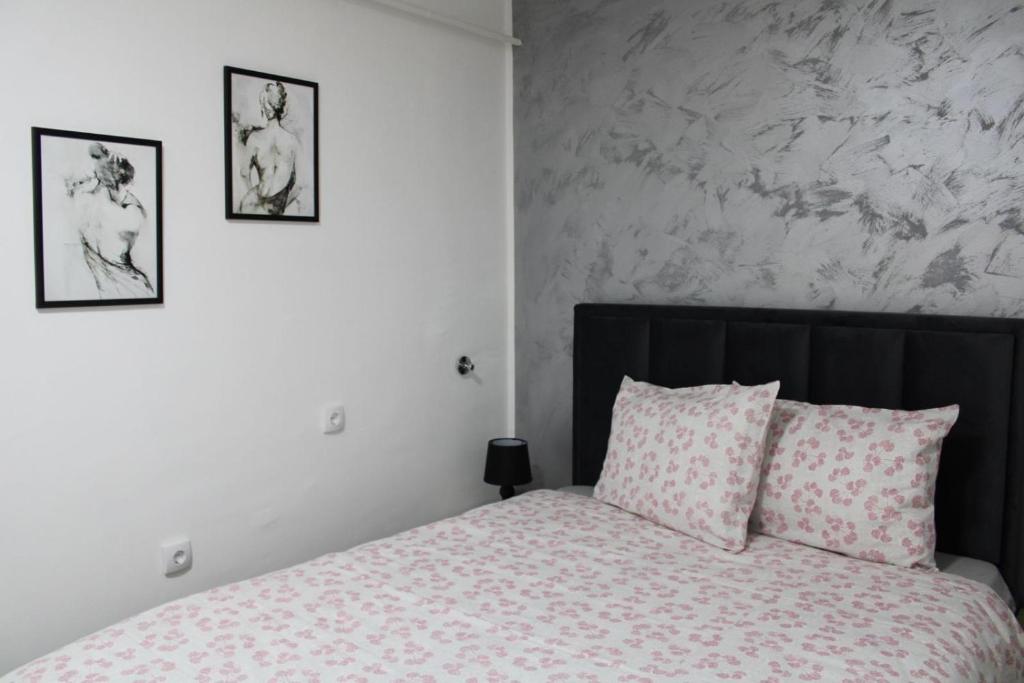 a bedroom with a bed with two pictures on the wall at IN SILVER Apartman in Vršac