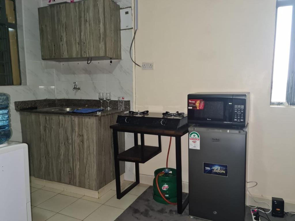 a kitchen with a small table and a small refrigerator at Nashville Homes in Ongata Rongai 