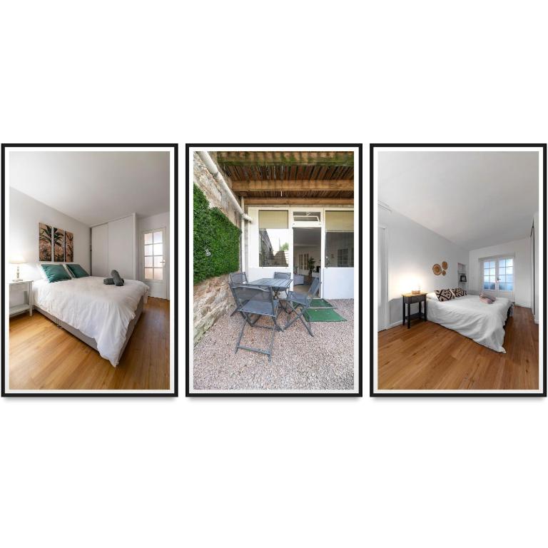 trois photos d'une chambre et d'un salon dans l'établissement Le Celestin - Appartement 2 chambres avec jardin en centre ville, à Vichy