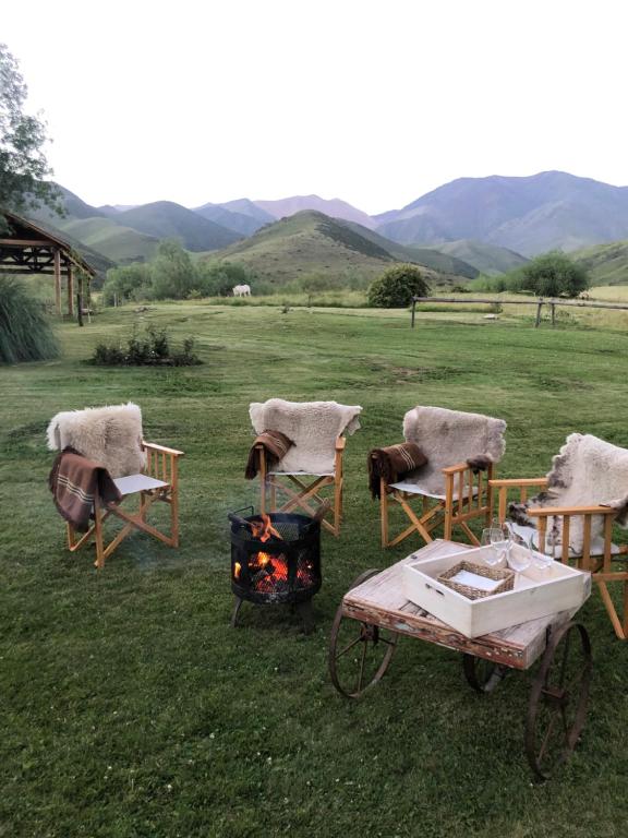a group of chairs sitting around a fire in a field at Estancia Palma in Tupungato