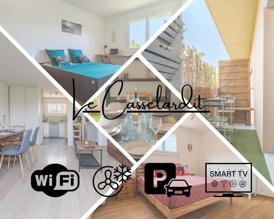 Un collage de fotos de un dormitorio y una sala de estar. en Le Casselardit -T4 proche Hôpital - Clim - Balcon, en Toulouse