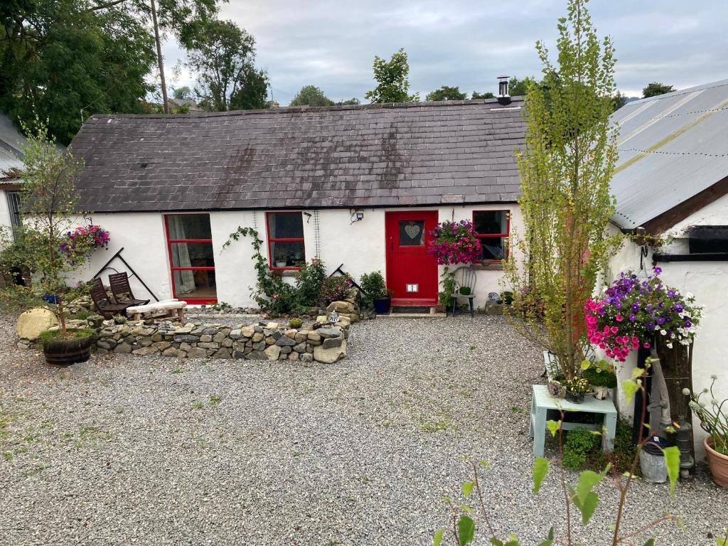 a white house with a red door and some flowers at Stone Wall Cottage in Castlewellan