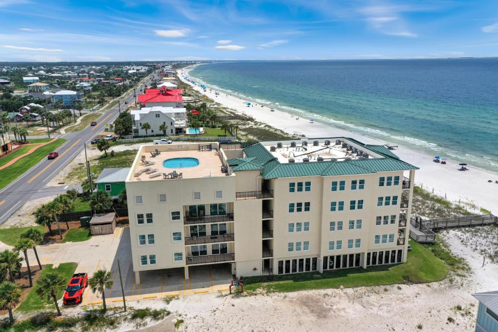 an aerial view of a hotel and the beach at Sharkey's by Pristine Properties Vacation Rentals in Cape San Blas