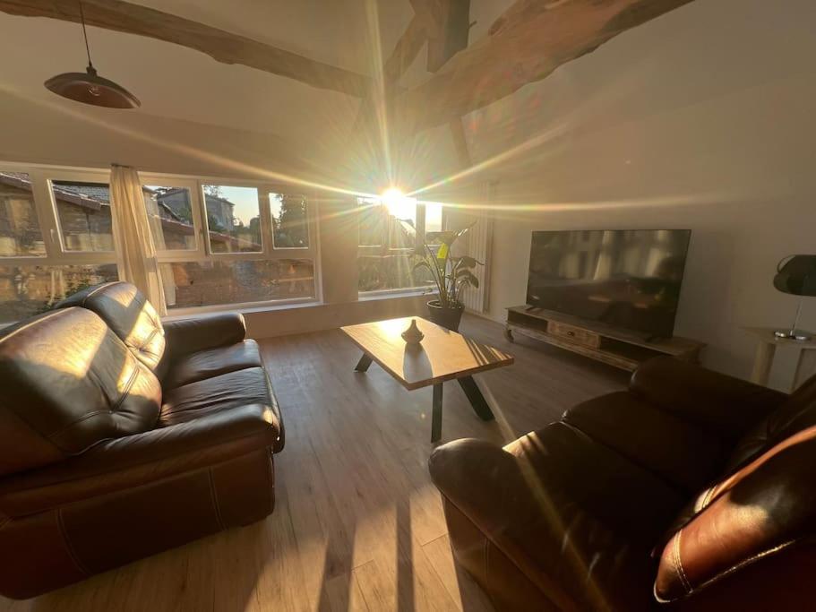 un salon avec un canapé et une table basse dans l'établissement Maison Atypique vue panoramique, à Moras-en-Valloire