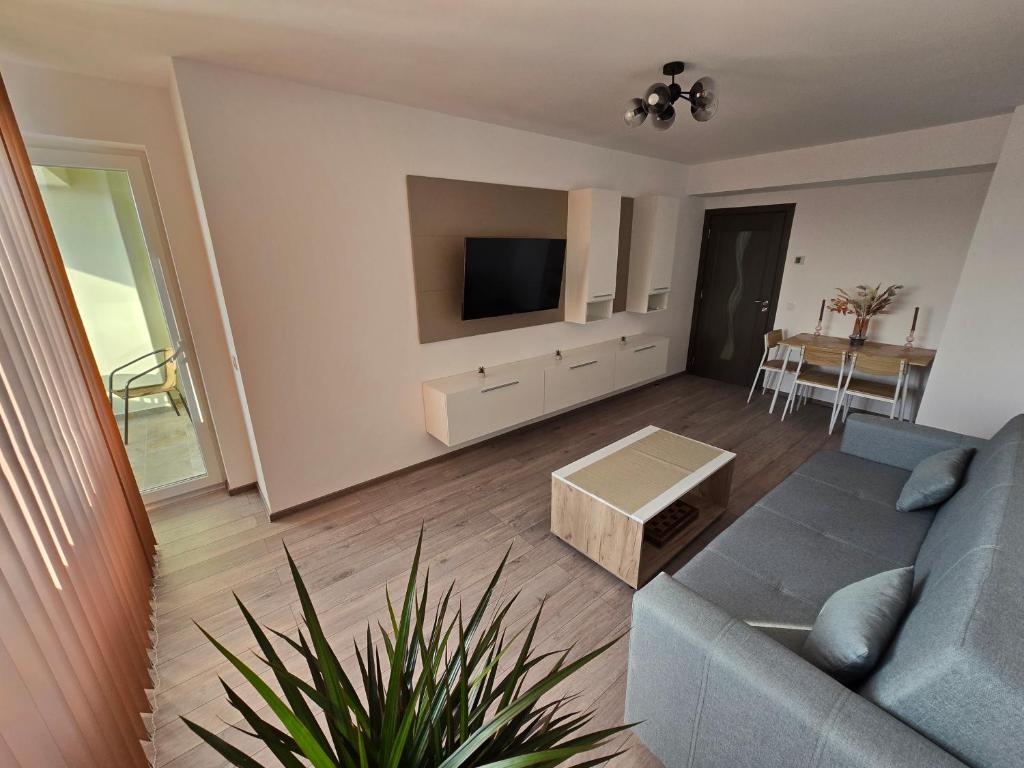 a living room with a blue couch and a tv at Cip Apartament Tazlaului in Bacău