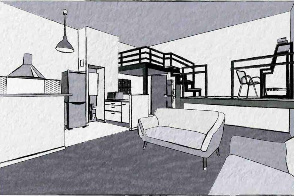 Un dibujo de una sala de estar con un sofá. en Loft calme et accueillant Metro Hoche Paris, en Le Pré-Saint-Gervais