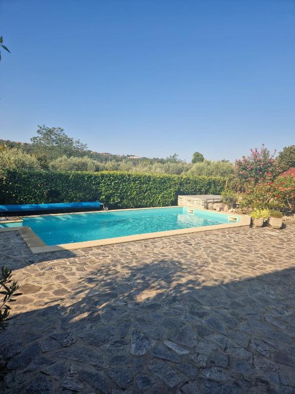 a swimming pool in a yard next to a hedge at Apartment Rose in Koper