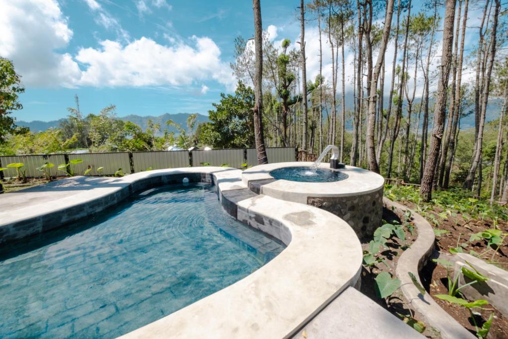 a swimming pool with a spa in a backyard with trees at La Pino Mount Batur and Hot Spring in Bangli