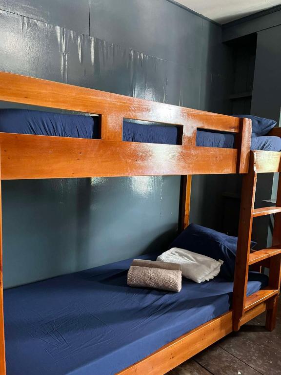 2 stapelbedden in een kamer met een blauw bed bij Backpacker's Lodge - Fan Room 1 in Bacnotan