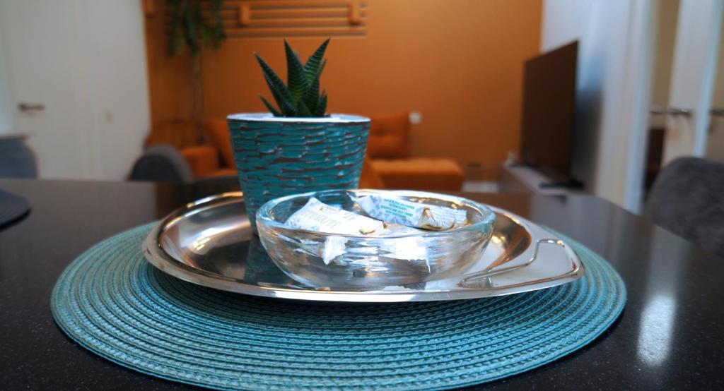 um prato com uma tigela sobre uma mesa com um vaso em Daina Apartments Self check-in em Vilnius