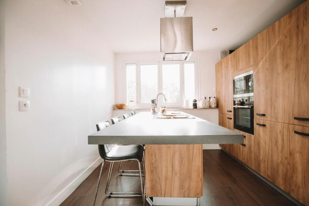 - une cuisine avec un grand îlot et un comptoir dans l'établissement Le Perlina, à Annecy