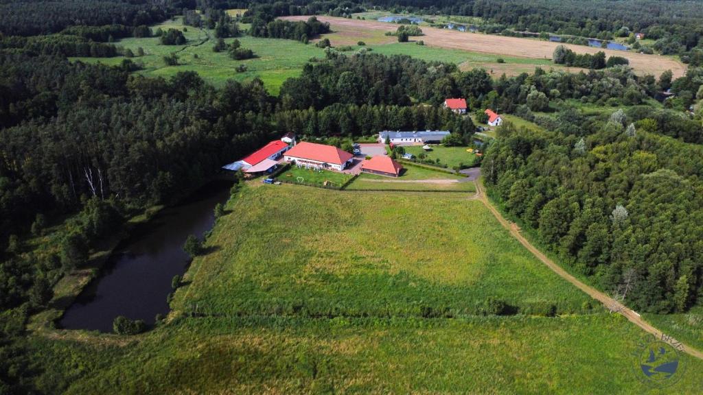 a house on a hill next to a river at Agroturystyka Kaczy Brzeg in Rożnowo