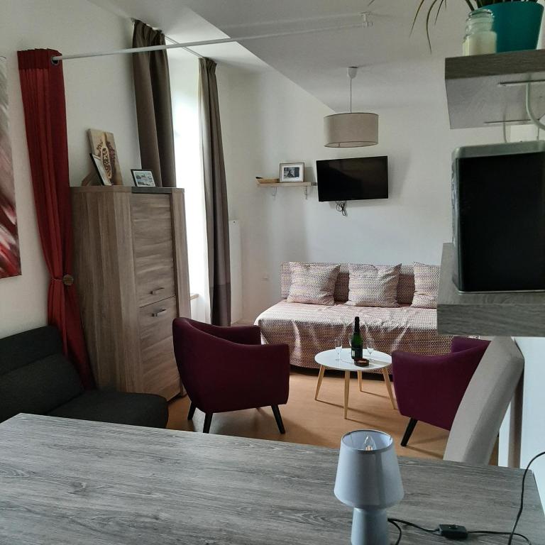 un salon avec un canapé et une table dans l'établissement Studio relooké Le Grand Tétras 2 étoiles, à Aulus-les-Bains