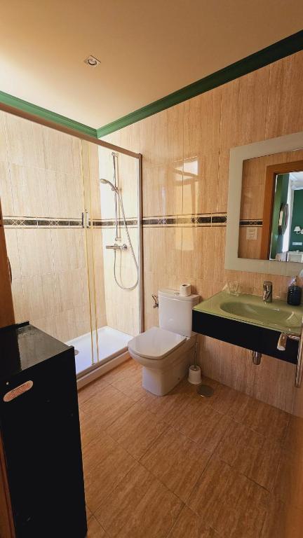 łazienka z toaletą, prysznicem i umywalką w obiekcie Hotel Mataleñas w mieście Santander