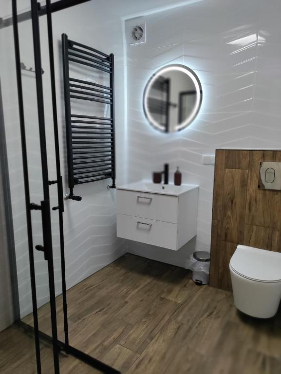 a bathroom with a white sink and a mirror at Apartament na Krupie in Krupski Młyn