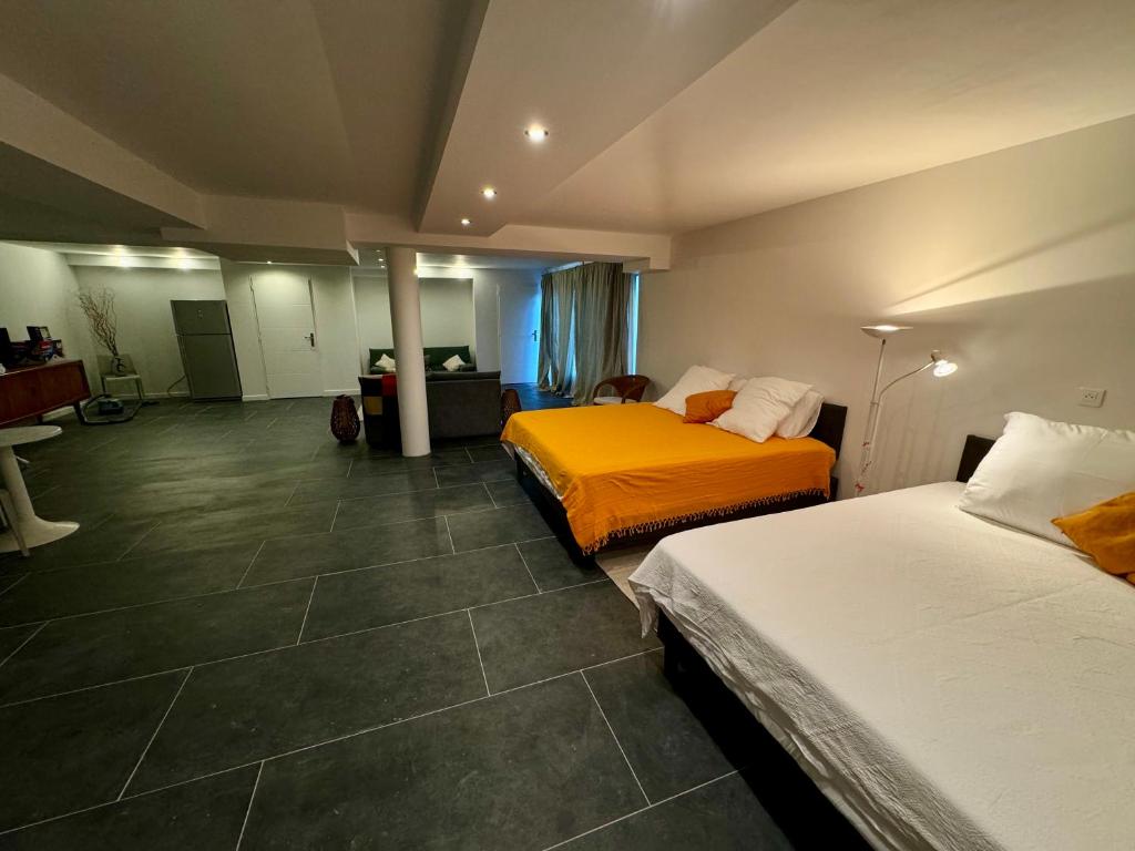 une chambre d'hôtel avec deux lits dans une chambre dans l'établissement Appartement privé 90m2, 1 chambre, proche centre Aix en Provence, à Aix-en-Provence