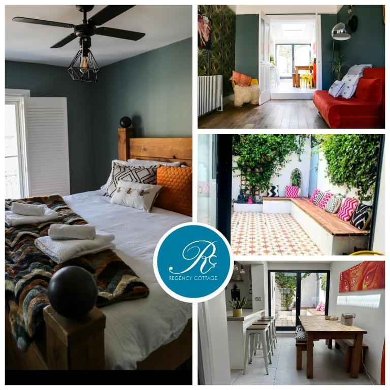 Hotel Regency Cottage, a collage of pictures of a bedroom and a living room at Regency Cottage in Brighton & Hove