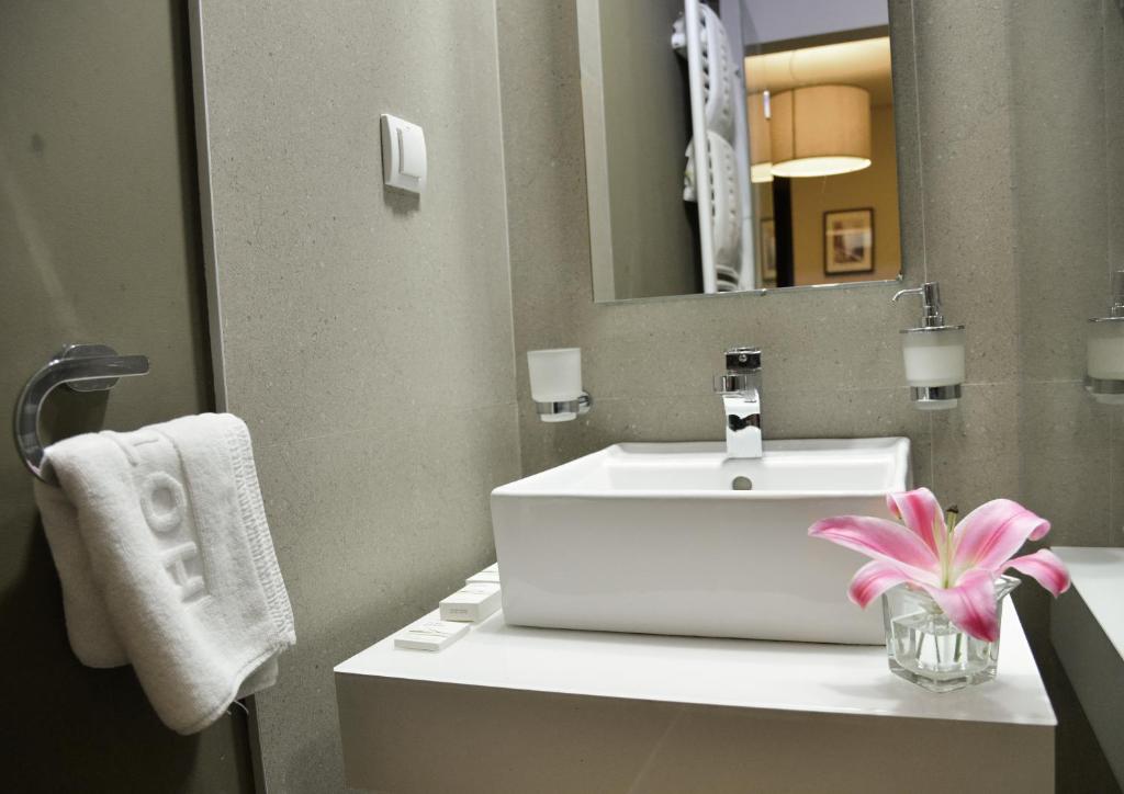 uma casa de banho com um lavatório branco e um espelho. em Hotel Sole em Niš