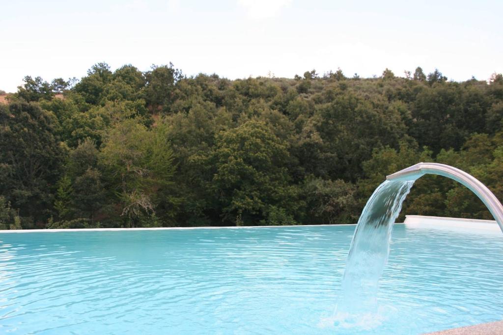 a water fountain in a swimming pool with trees in the background at Quinta das Colmeias in Lanção