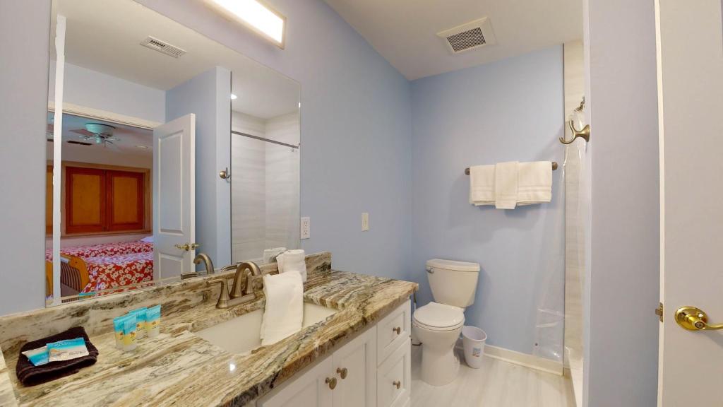 a bathroom with a sink and a toilet and a mirror at ALWAYS TURTLE CRAWL home in Jekyll Island