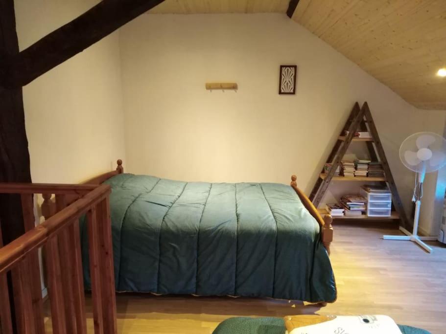 a bedroom with a bed and a ladder in a room at Maison de montagne, vallée d'Ossau in Bielle
