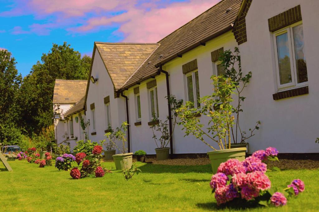una fila de casas con flores en el patio en The Evergreen Hotel, en Banbury
