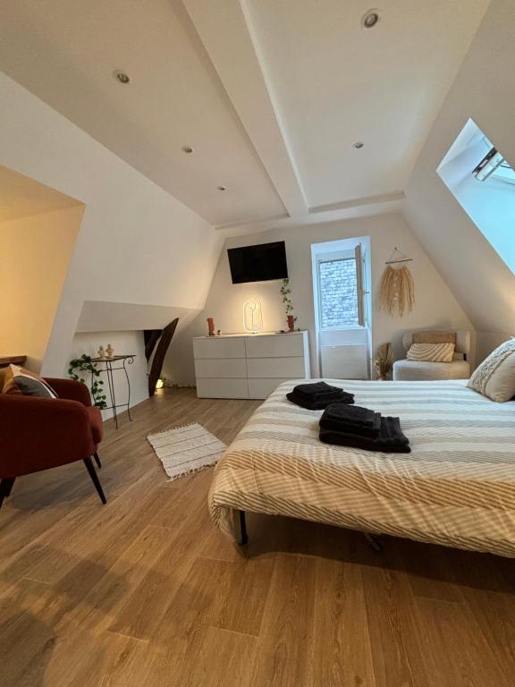 une chambre avec un grand lit et un canapé dans l'établissement Chez Léo - Rue de la Scellerie, à Tours
