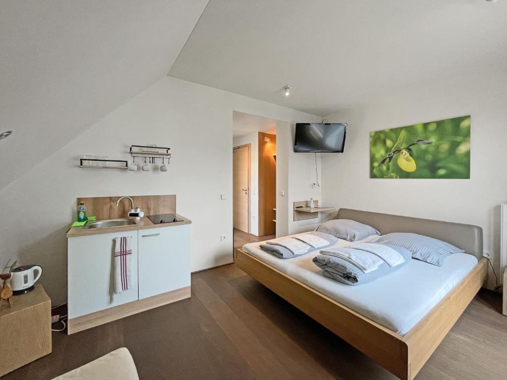 a bedroom with a large bed and a kitchen at Modernes & gepflegtes Hotelzimmer mit Küche! in Bernstadt
