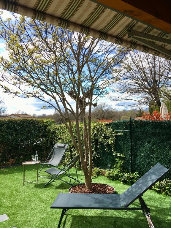 un arbre et une chaise dans la cour dans l'établissement Petite maison avec piscine entre mer et montagne, à Tourrettes