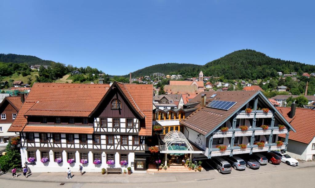 an overhead view of a building in a town at Hotel Rössle in Alpirsbach