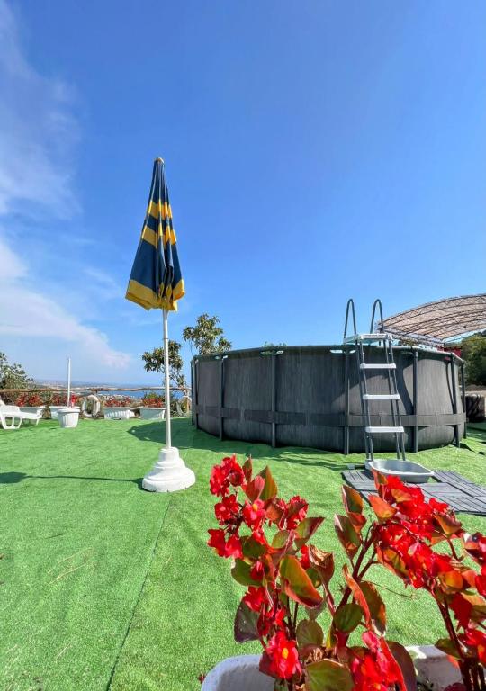 a yard with an umbrella and a playground at Karma Rural Buenavista in Santa Marinella