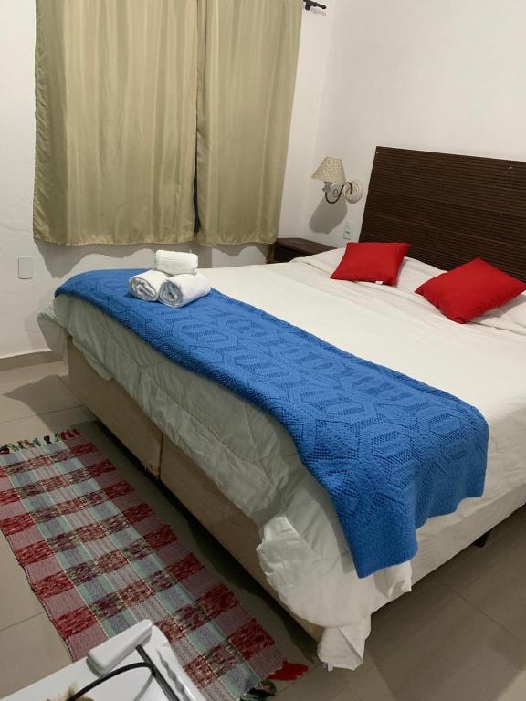 a bed with a blue blanket and red pillows on it at Vicentina Hospedagem in Tiradentes