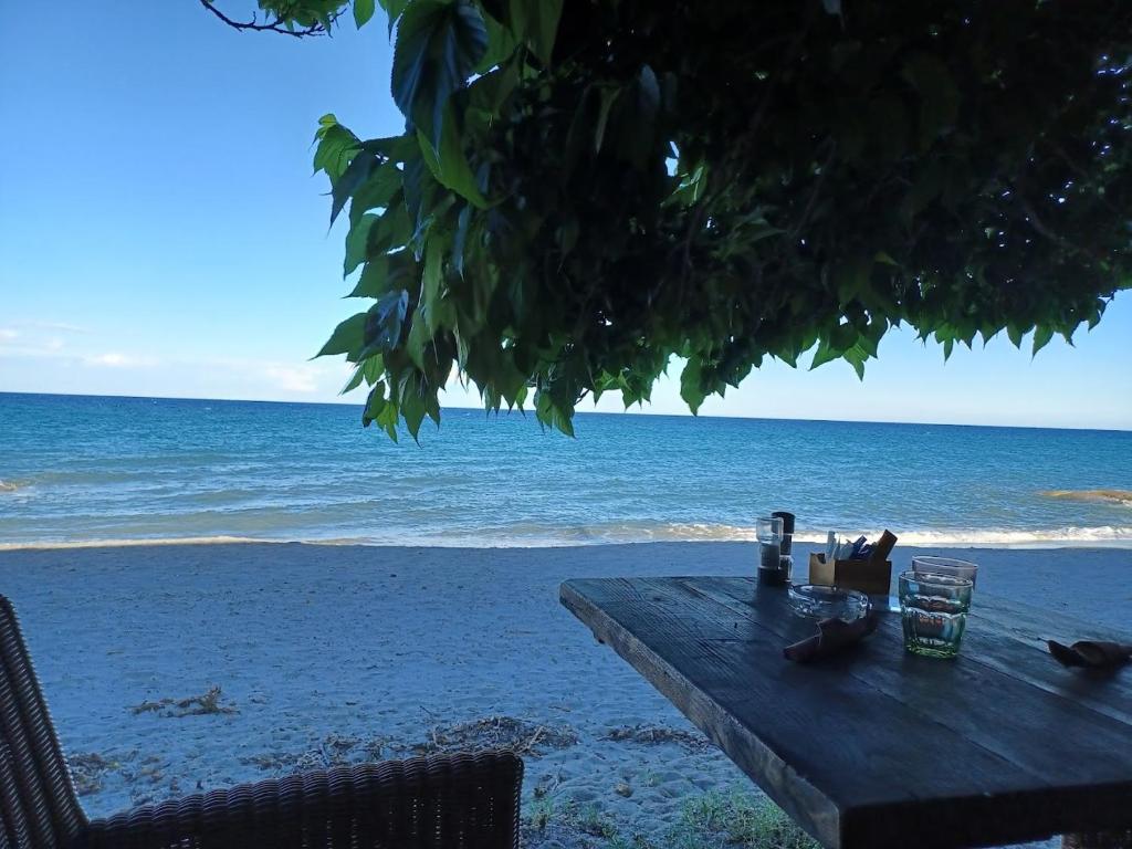 - une table de pique-nique avec vue sur l'océan dans l'établissement Appartement Corse, à Santa-Maria-Poggio