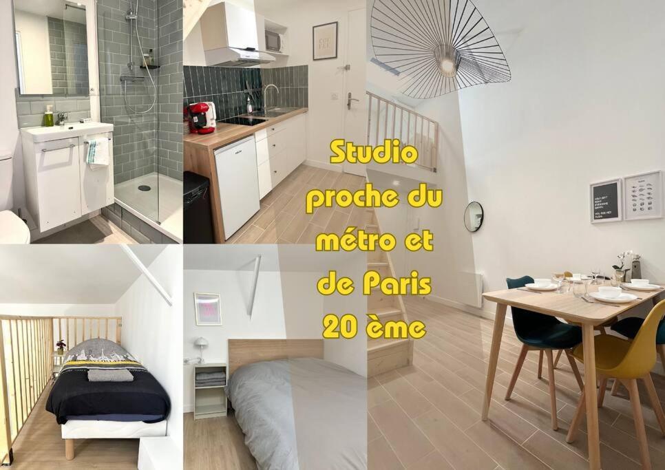 a collage of three pictures of a kitchen and a room at 735 Cosy studio mezzanine près de Paris et métro in Bagnolet