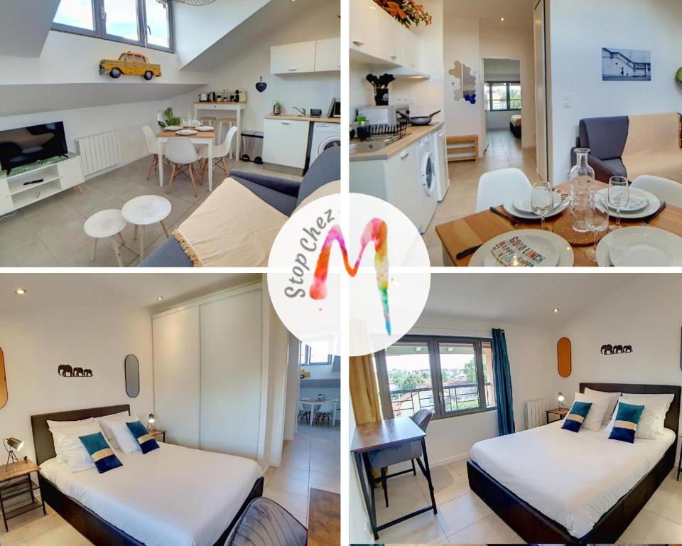 a collage of three pictures of a bedroom and a living room at Stop Chez M District # Qualité # Confort # Simplicité in Villeurbanne