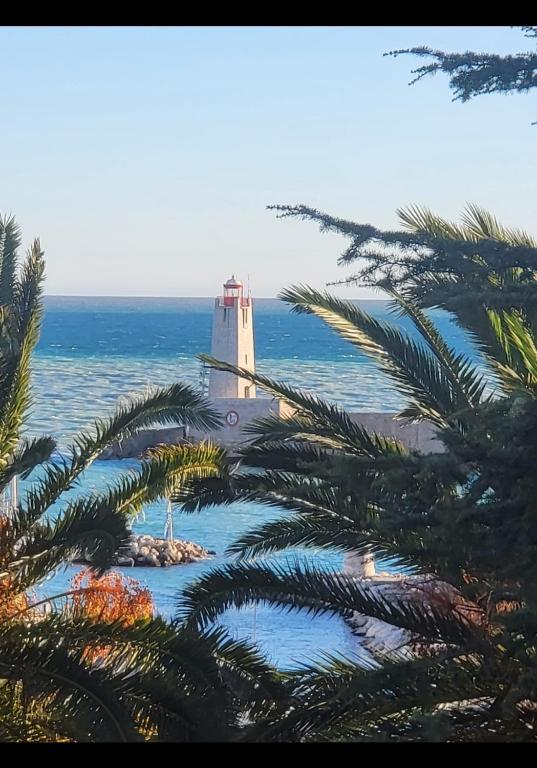 un phare dans l'océan avec des palmiers dans l'établissement Free parking, private bedroom and bathroom with seaview, à Nice